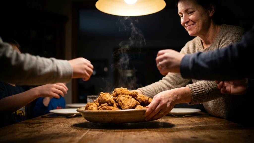 Family enjoying home cooked restaurant meals